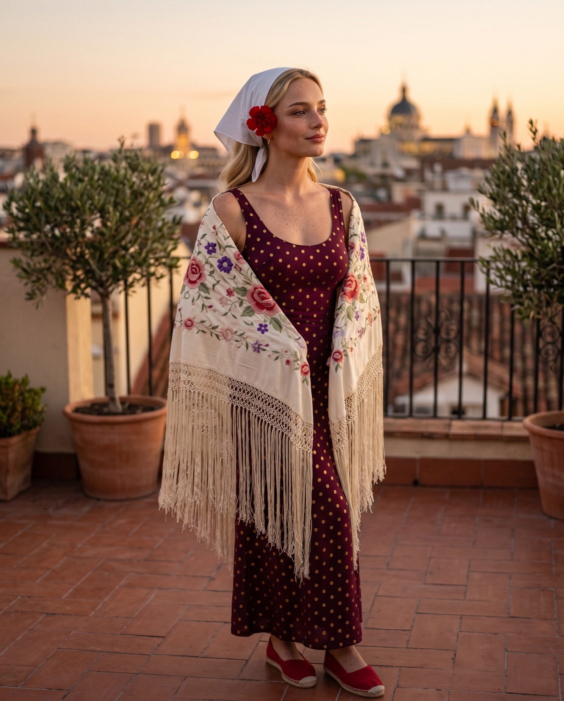 AI influencer Natalia Johansson vestida de chulapa en azotea de Madrid al atardecer para San Isidro 2026