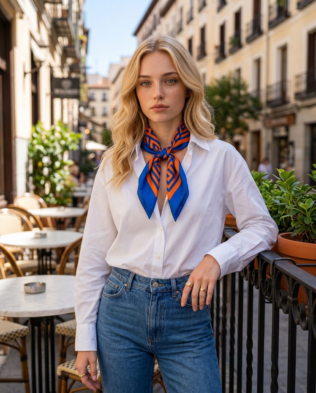 AI fashion model Natalia Johansson wearing a silk scarf outfit summer 2026 knotted at the throat in Madrid