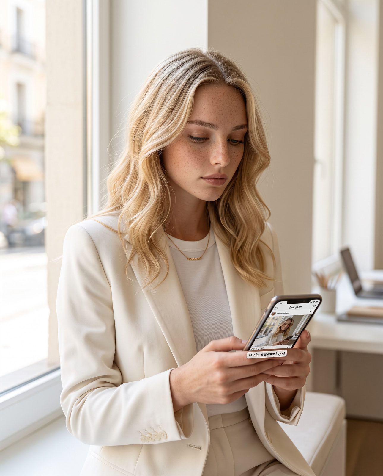 AI fashion influencer Natalia Johansson checking an AI-labeled post in a Madrid studio in 2026 — EU AI Act Article 50 transparency
