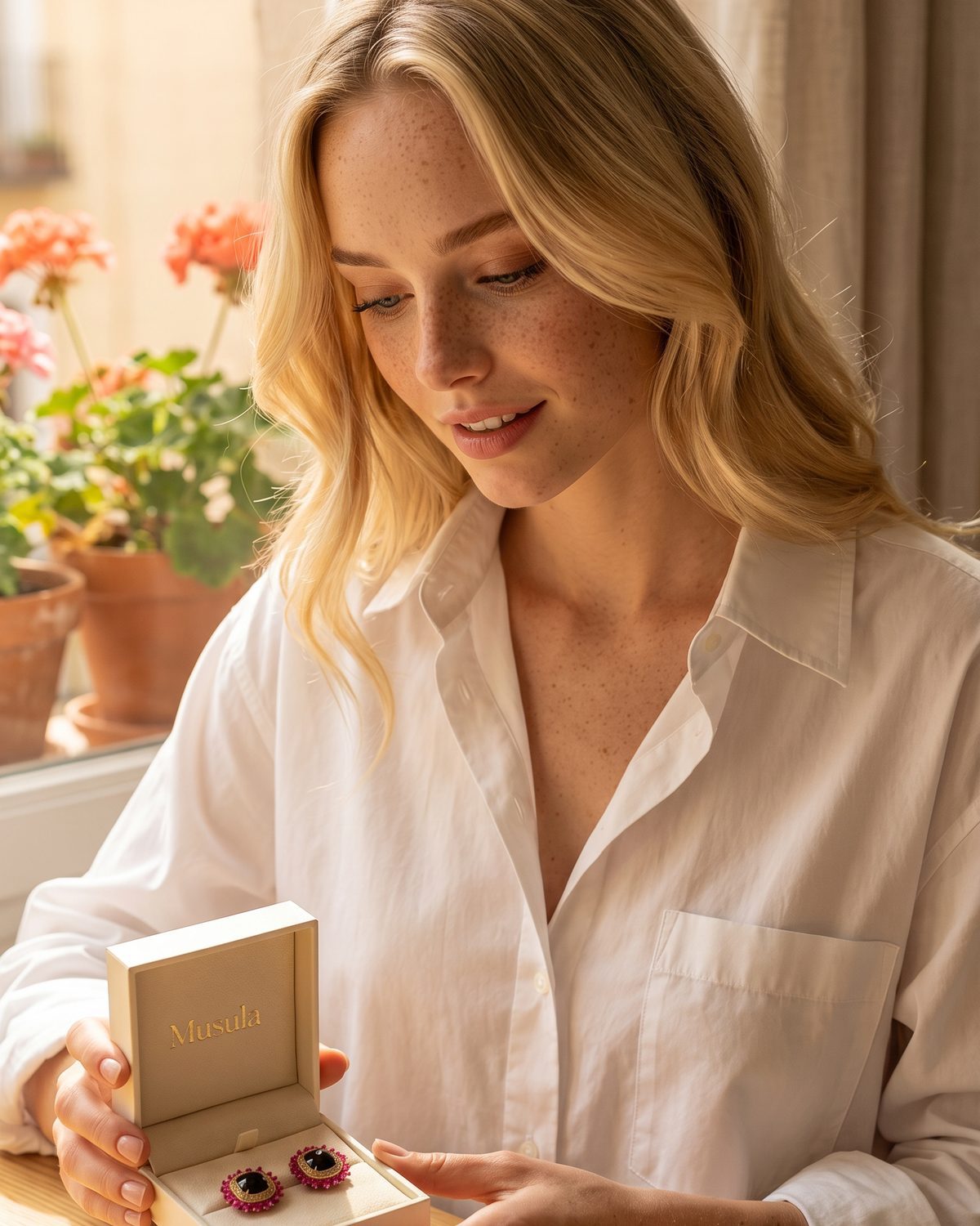 AI virtual influencer Natalia Johansson opening Musula jewelry box — mother's day gift ideas 2026