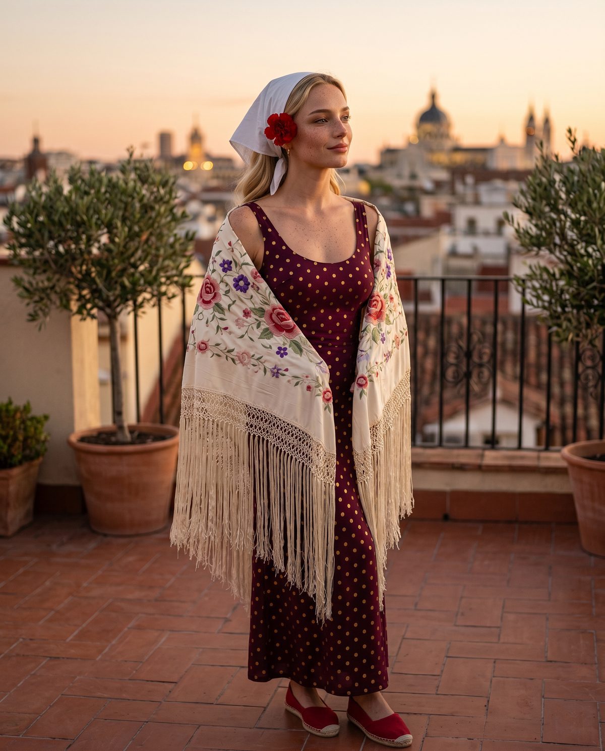 AI influencer Natalia Johansson vestida de chulapa en azotea de Madrid al atardecer para San Isidro 2026