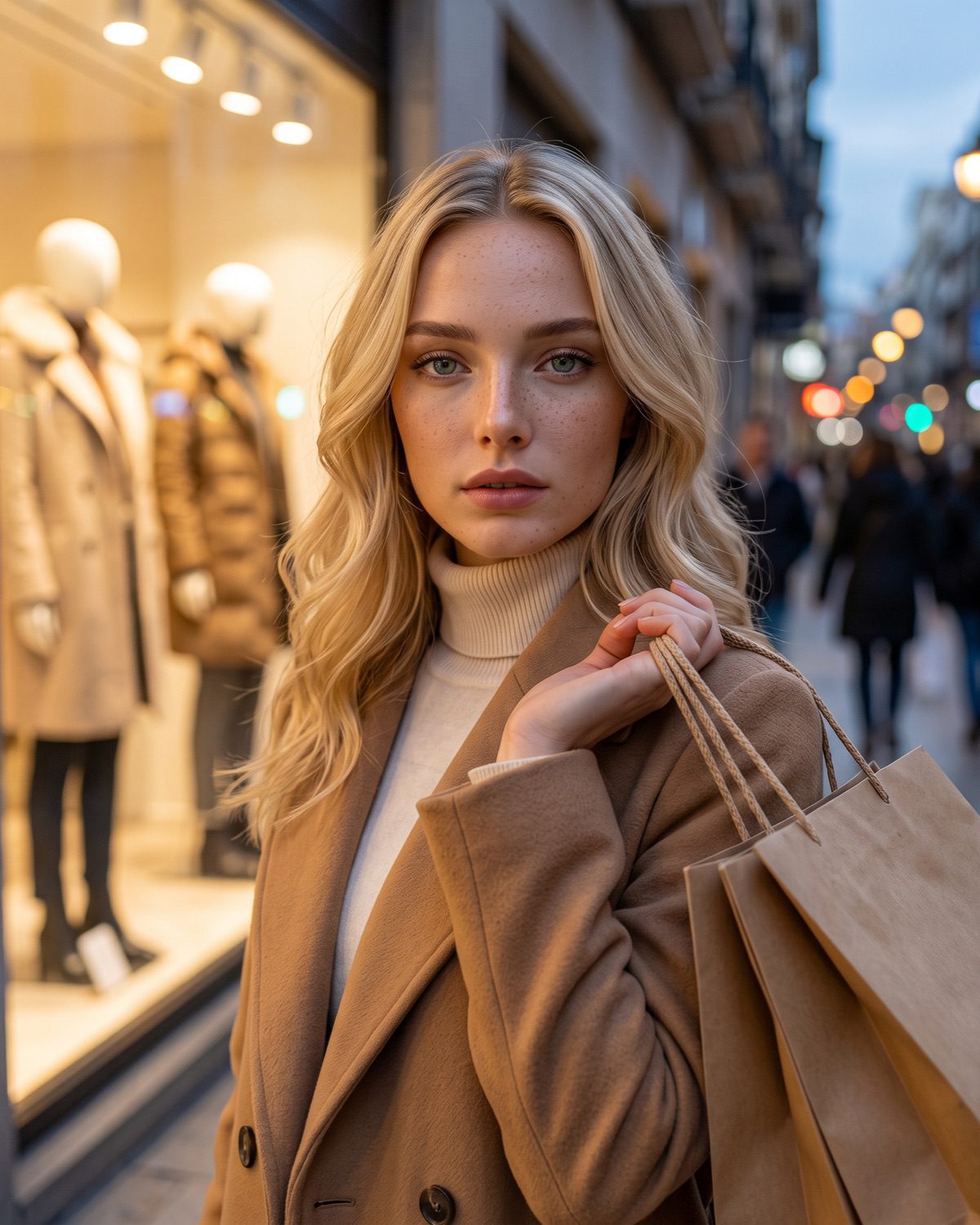 Black Friday clothes shopping 2026: Natalia Johansson by a lit shop window on Calle Preciados, Madrid